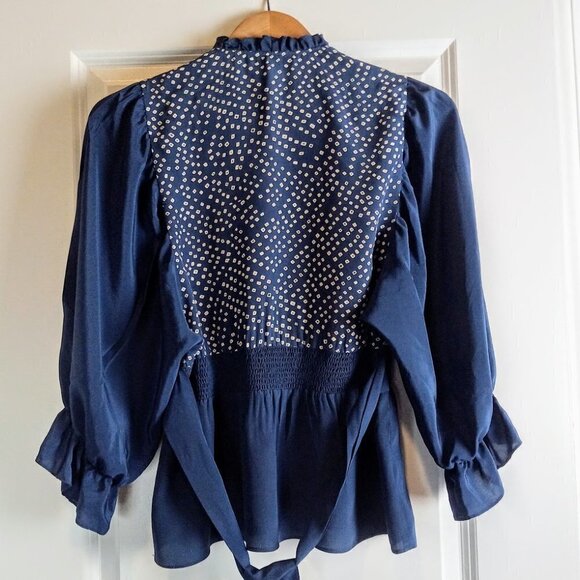 BCBG MaxAzria Blue White Silk Ruffle Peasant Top - Picture 3 of 6